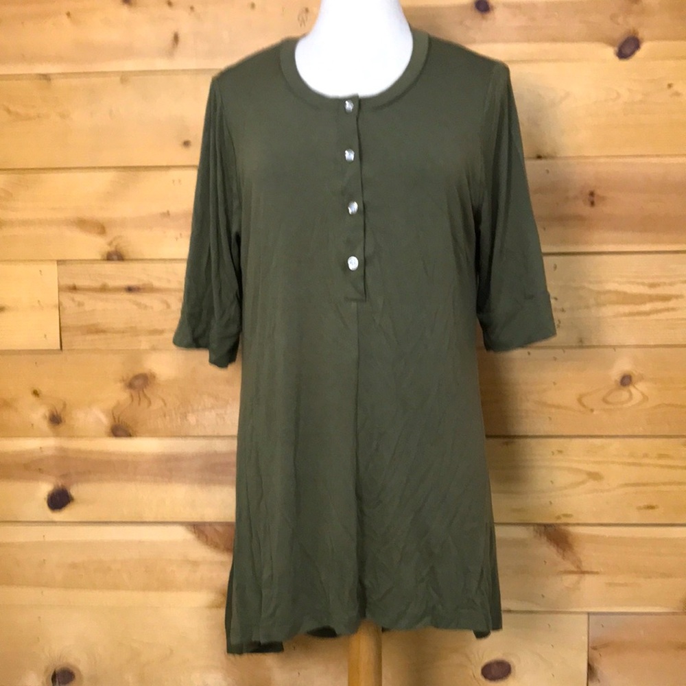 LAST CALL NEW Boutique army green stretch high low henley tunic top blouse XL